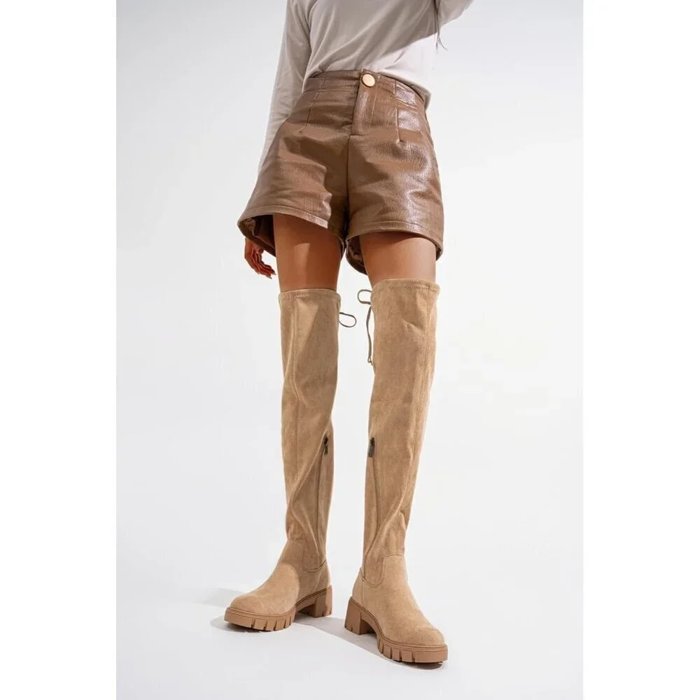 Women's Platform Boots-990-sand Over The Knee Thigh High Round Toe Long Boot
